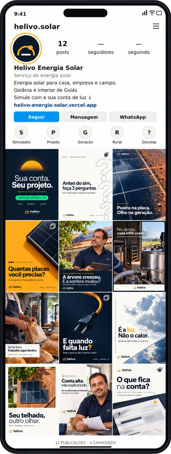 Prévia do perfil de Helivo Energia Solar no Instagram, no celular: bio, destaques e a grade de posts.
